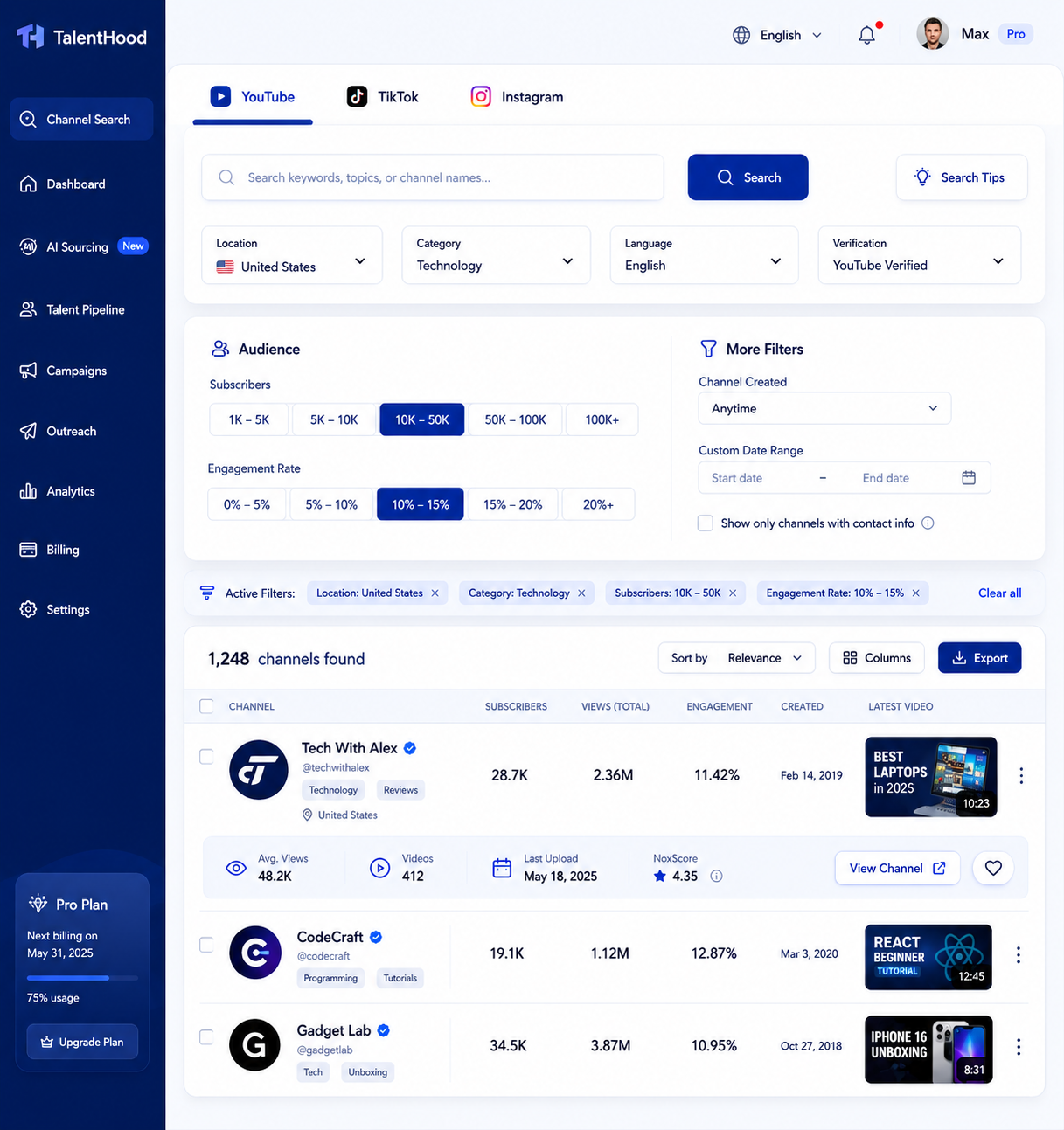 TalentHood KOL product dashboard preview
